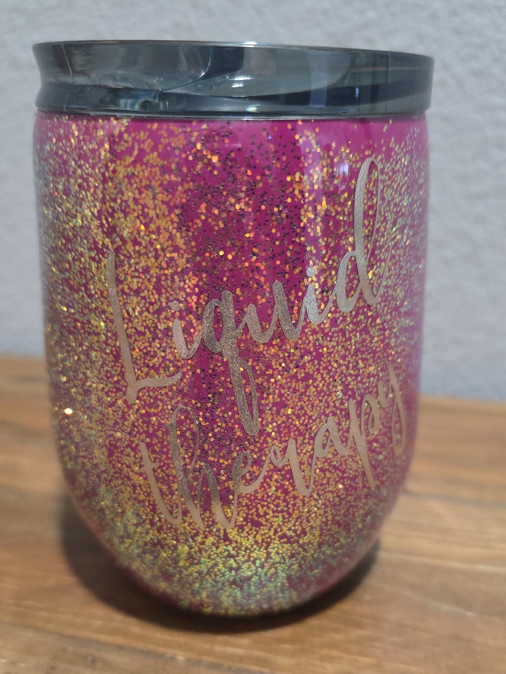 "Liquid Therapy" Glitter Pink Insulated Wine Tumbler with Lid-Handmade